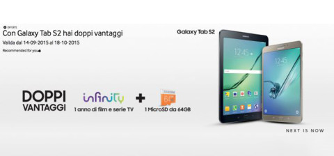 Samsung regala 12 mesi di Infinity e MicroSD da 64GB acquistando un Tab S2