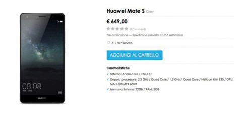 Huawei Mate S a 649€ prenotabile su Vmall.eu
