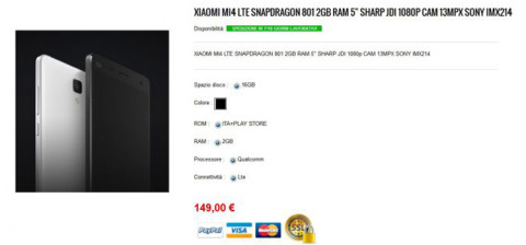 Xiaomi Mi4 LTE a 149€ con spedizione dall’Italia